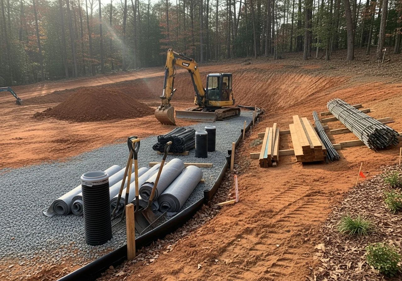 Pool construction site with equipment and materials staged for installation on a sloped residential property.