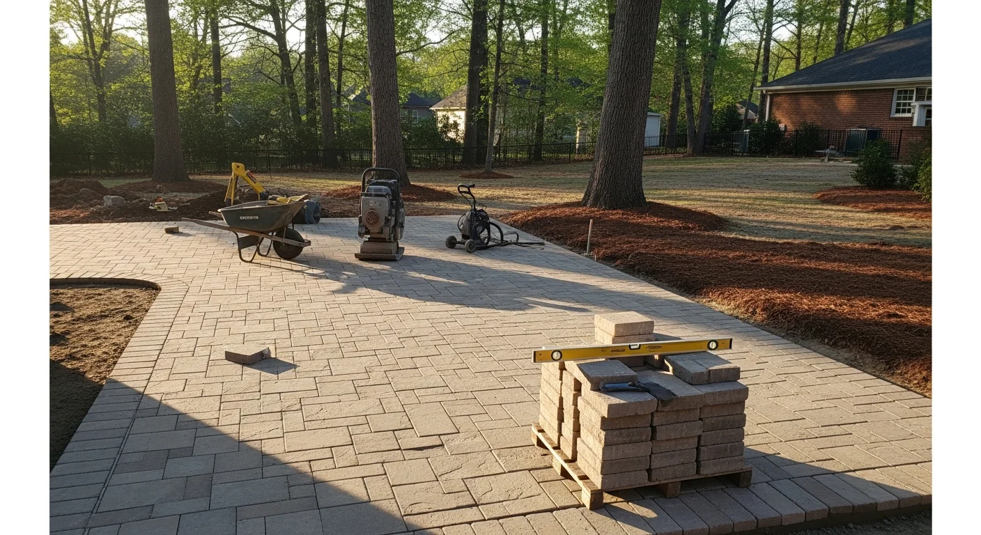 Stone patio and walkway installation in residential backyard