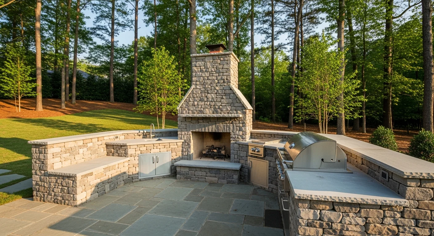 Custom outdoor kitchen and fireplace in residential backyard