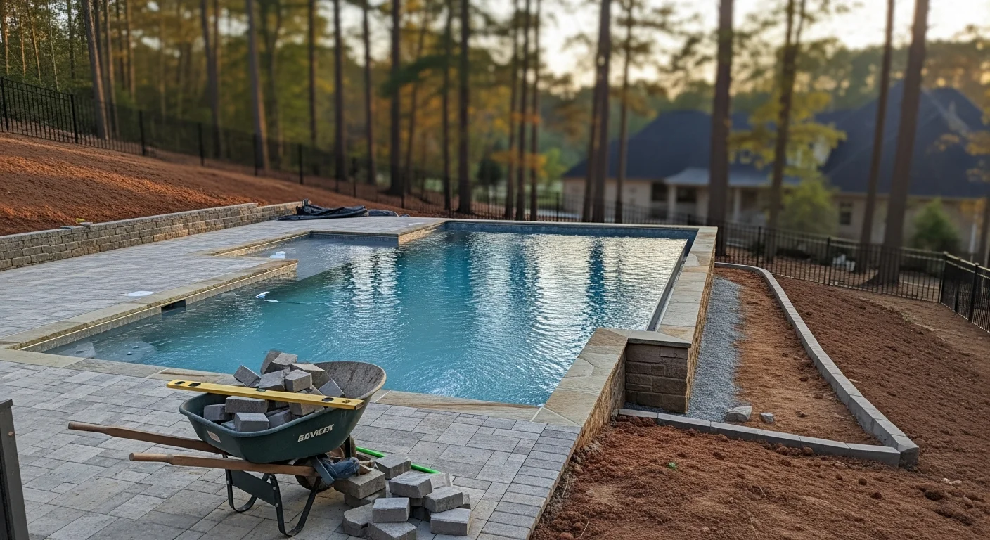 Custom inground swimming pool built on sloped backyard