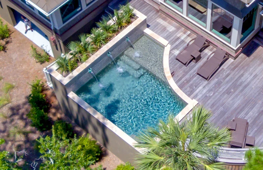 Curved swimming pool with white coping, composite deck, and palm tree landscaping