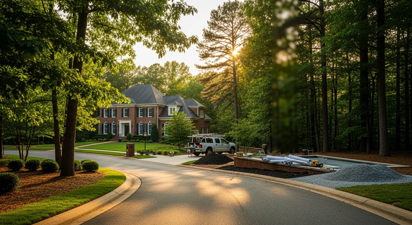 Residential street in Alpharetta with tree-lined sidewalk and modern homes set back from the road.