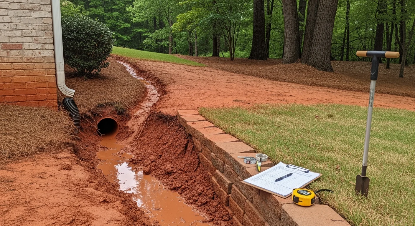 A United Poolscapes drainage contractor inspecting a sloped residential backyard in Alpharetta, Georgia, with visible pooling water and clay soil erosion near a retaining wall.