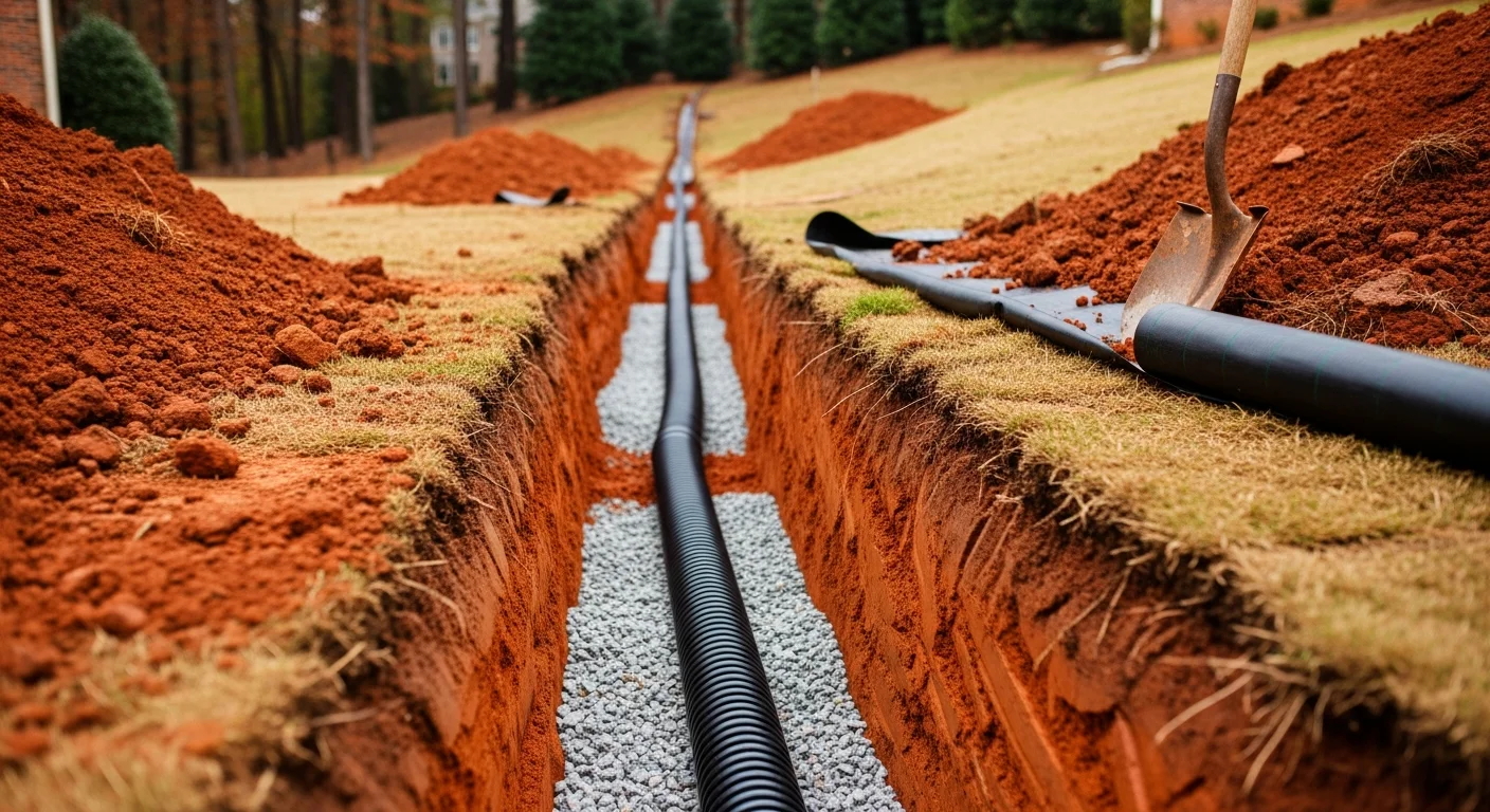 A newly installed French drain and catch basin system in an Alpharetta backyard, with graded soil and clean gravel channels directing water away from a residential foundation. The surrounding lawn shows a mix of red Georgia clay and restored turf near a pool deck.