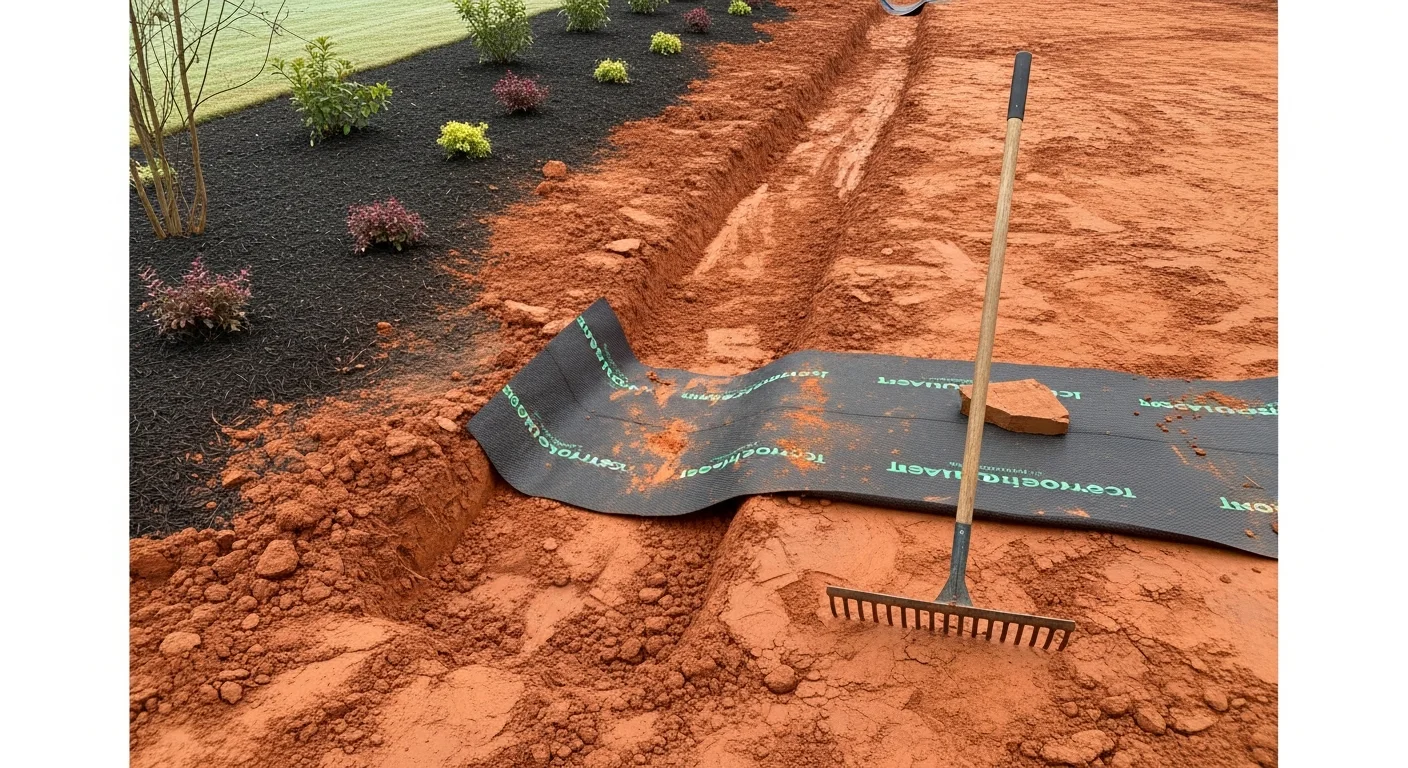 A stabilized residential backyard slope in Alpharetta, Georgia, showing graded soil and ground cover installed to prevent further erosion. Red clay terrain is visible in the background with drainage corrections along the slope edge.