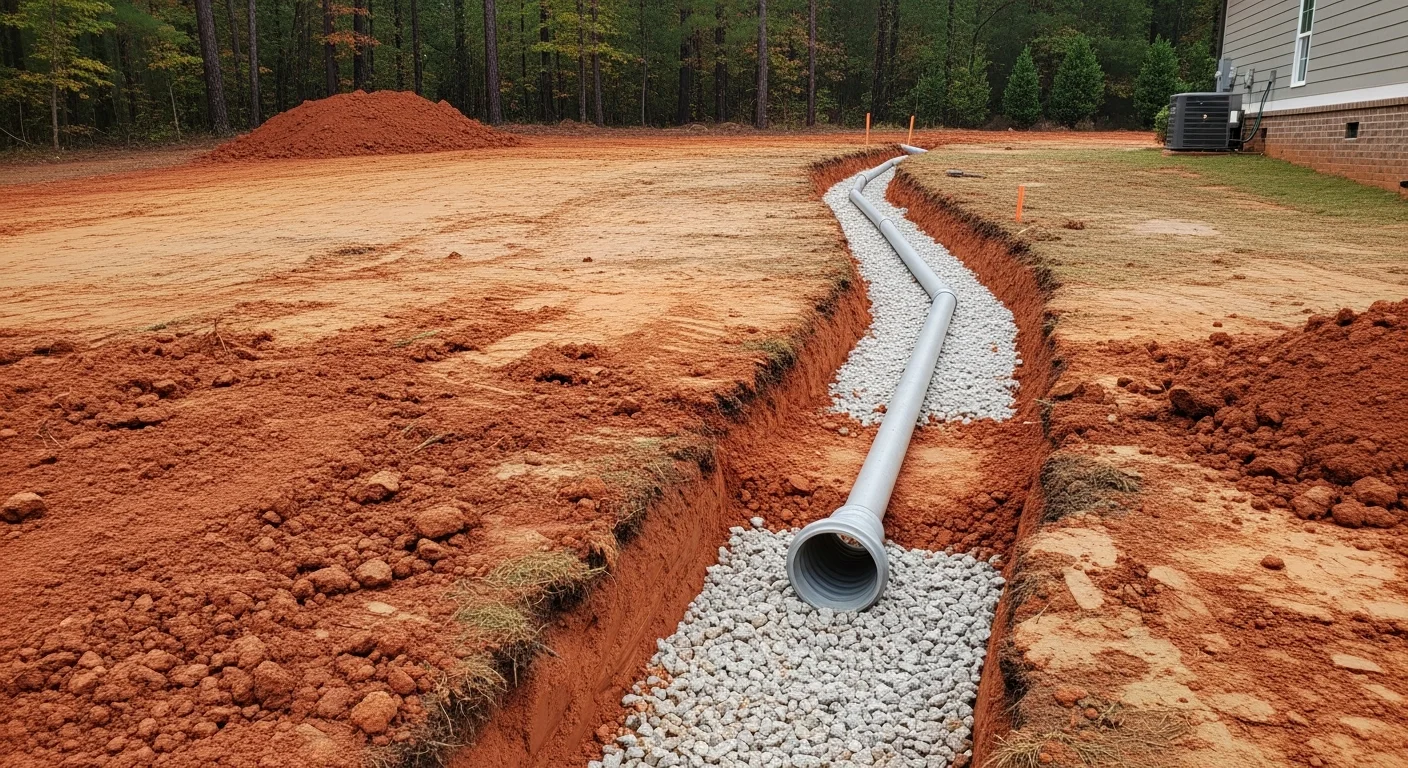 A regraded residential backyard in Alpharetta, Georgia showing a newly shaped slope with a surface swale directing water away from the home's foundation. The surrounding lawn and landscaping remain intact after drainage system installation.