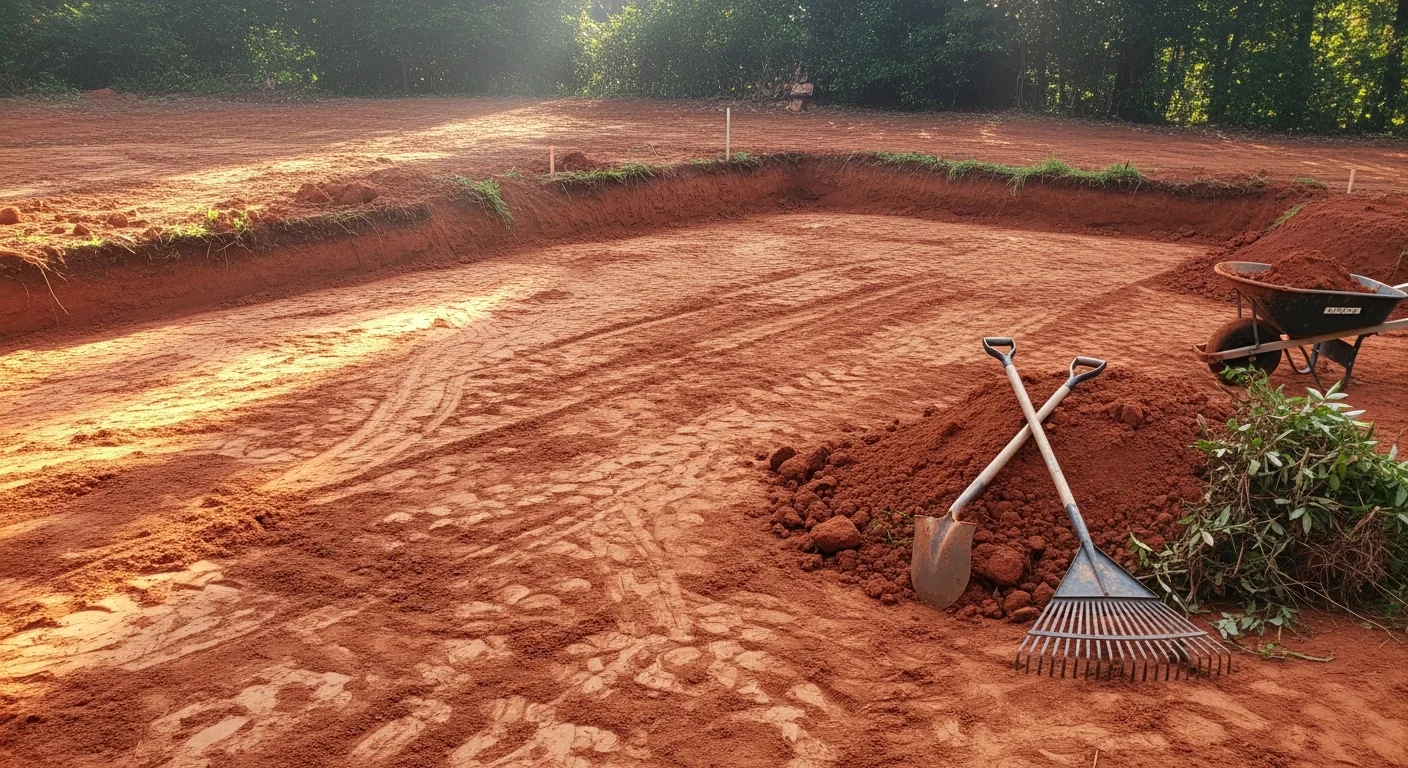 A hardscape contractor grading and compacting a residential backyard site in Alpharetta, Georgia, with red clay soil visible and excavation complete in preparation for a paver patio installation.