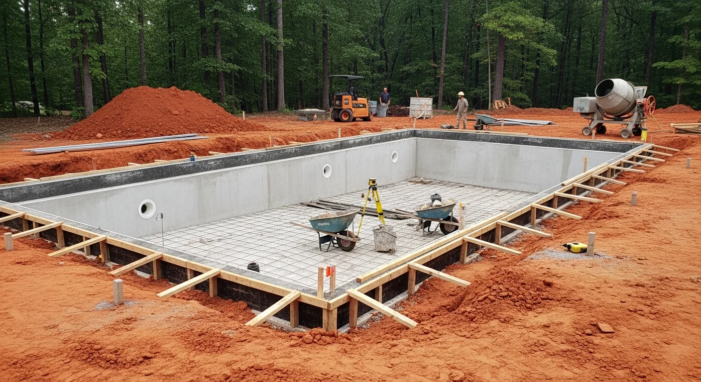 A finished custom inground swimming pool in an Alpharetta, GA residential backyard, showing clean pool edges, surrounding deck, and a connected spa. The pool is set within a landscaped yard typical of North Atlanta suburban properties.