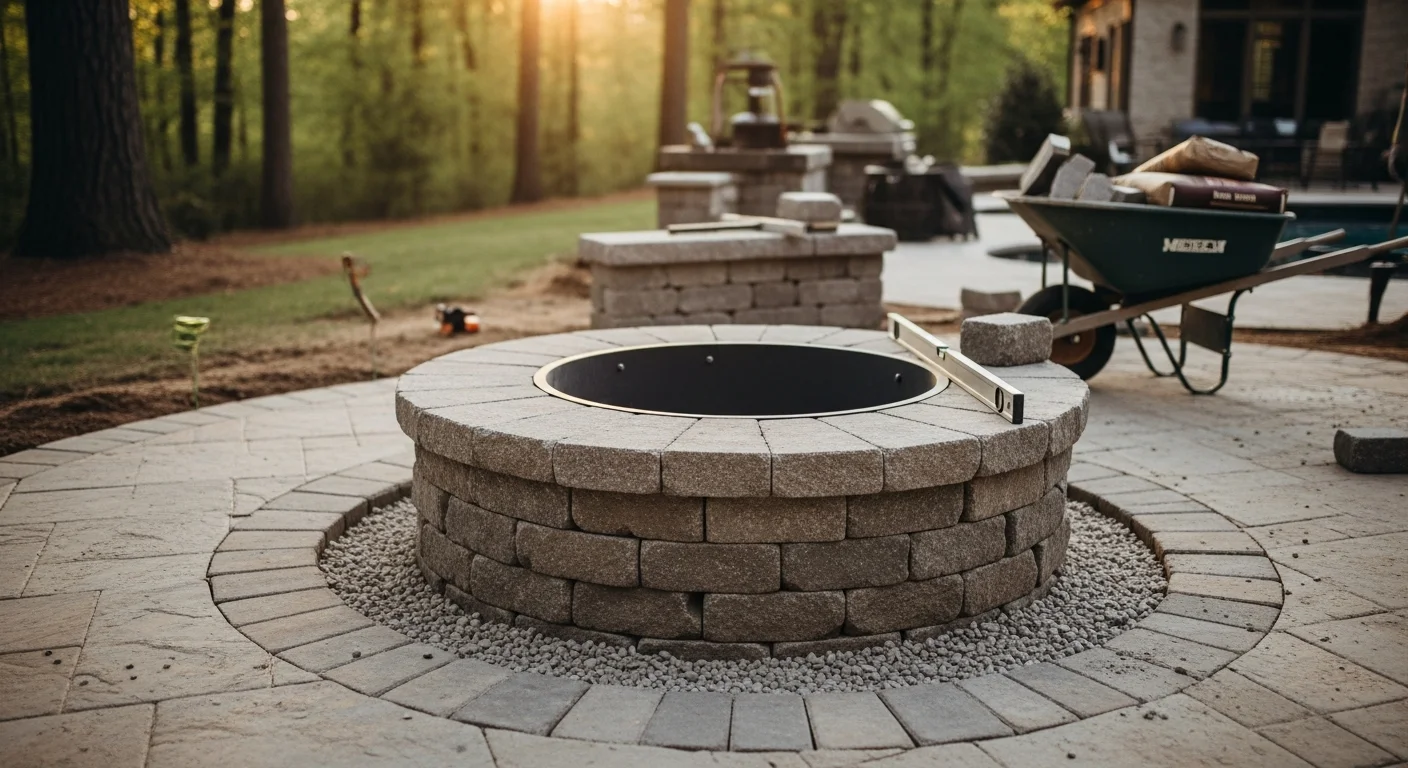 A custom built-in outdoor fire pit with a natural stone surround installed in an Alpharetta backyard patio. The fire pit is positioned adjacent to a pool deck with integrated seating walls on three sides.