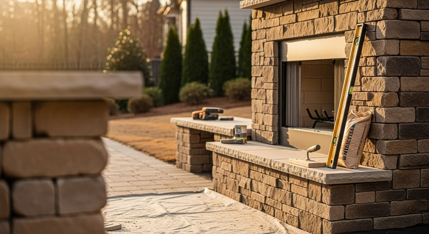 A custom masonry outdoor fireplace installed in an Alpharetta backyard, featuring a natural stone surround and integrated seating area on a paved patio. The fireplace is positioned adjacent to an outdoor kitchen structure, with a wooded Georgia backyard visible in the background.