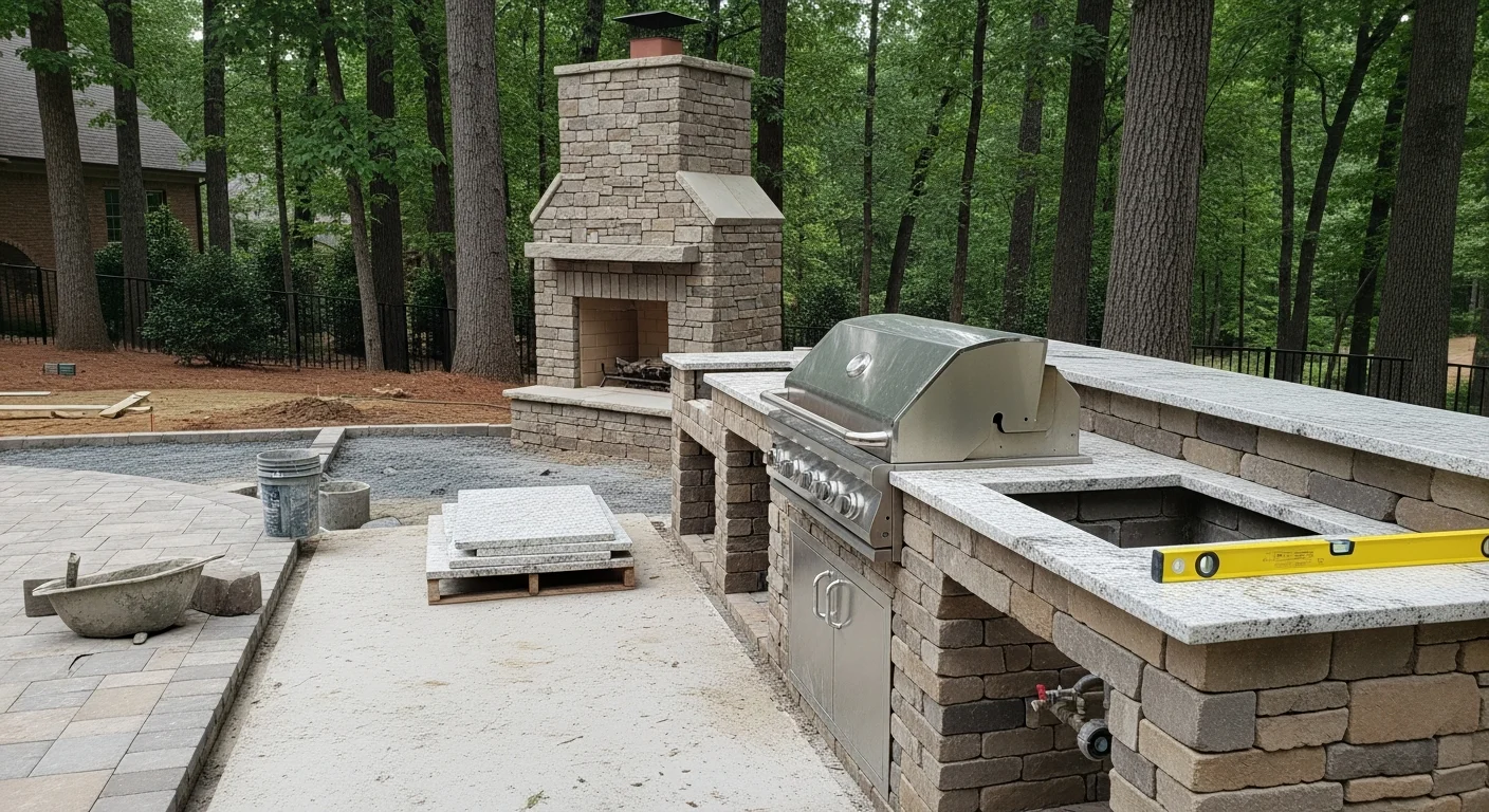 A finished custom outdoor kitchen built by United Poolscapes in Alpharetta, GA, featuring a built-in cooking station and weather-resistant countertops on a backyard patio. The structure connects to an adjacent pool deck with a clean, integrated layout suited to North Georgia's outdoor living climate.