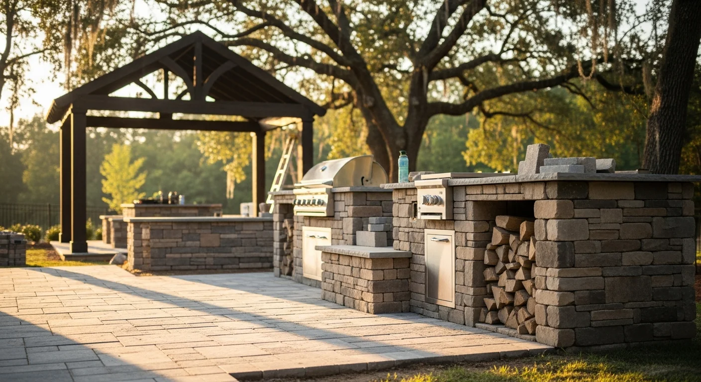 A custom outdoor structure design in Alpharetta, Georgia, featuring a covered outdoor kitchen zone and a built-in fireplace connected by a paved patio. The layout reflects a cohesive backyard living space designed for Georgia's extended outdoor season.