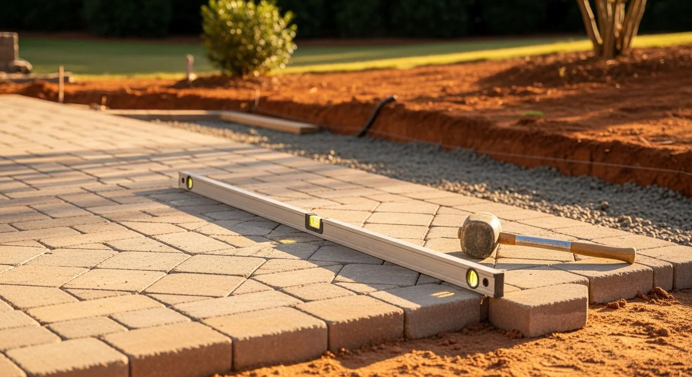 A completed paver patio in an Alpharetta backyard, showing a custom geometric pattern in earth-tone pavers with clean edge borders and a graded surface that slopes away from the home. The patio connects to a pool deck area surrounded by mature Georgia landscaping.