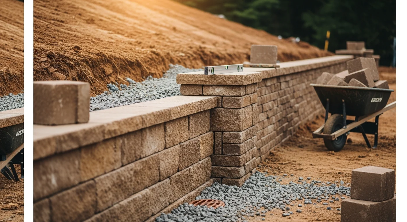 A newly constructed stone retaining wall on a sloped residential backyard in Alpharetta, Georgia, with level ground created behind the wall and clean drainage grading visible at the base. The wall runs along the rear property line, separating a usable lawn area from a steep natural grade.
