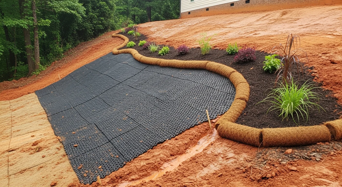 A stabilized backyard slope on a residential property in Alpharetta, Georgia, showing graded terrain with erosion control measures in place. The slope runs from an elevated lawn area down toward a patio, with no visible soil channels or washout damage.