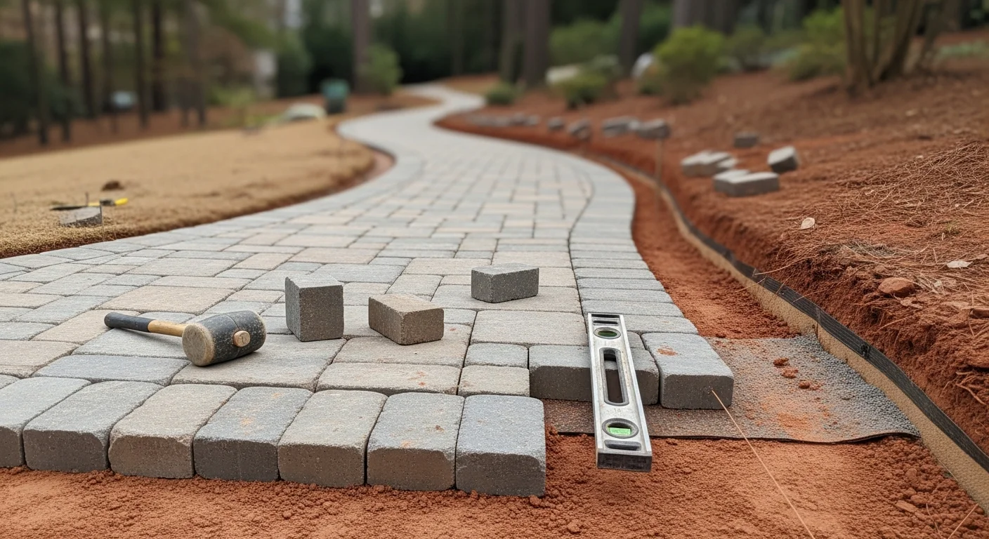 A finished natural stone walkway installed by United Poolscapes connecting a residential pool deck to a backyard patio in Alpharetta, Georgia. The path follows a gentle grade with clean stone joints and a stable, level surface.