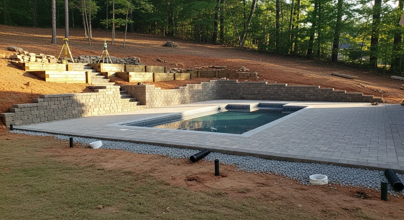 A finished inground swimming pool built on a sloped backyard in Alpharetta, GA, with terraced concrete decking and a retaining wall stepping down from the home. The pool sits level against a graded hillside with surrounding landscaping integrated into the slope.