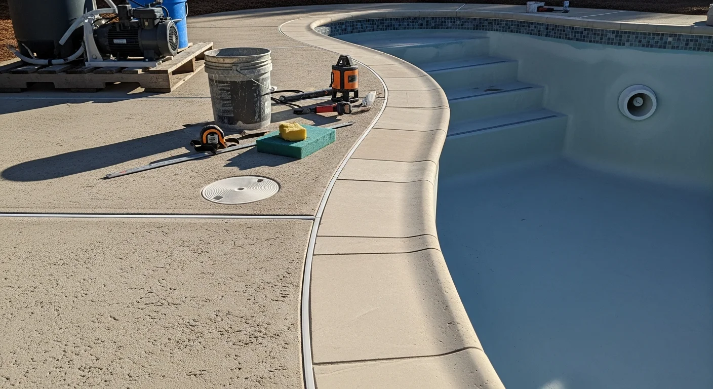 A remodeled residential swimming pool in Alpharetta, Georgia, showing fresh plaster surfaces, new stone coping, and updated waterline tile in a backyard setting. The surrounding deck is clean and level, consistent with a North Fulton neighborhood home.