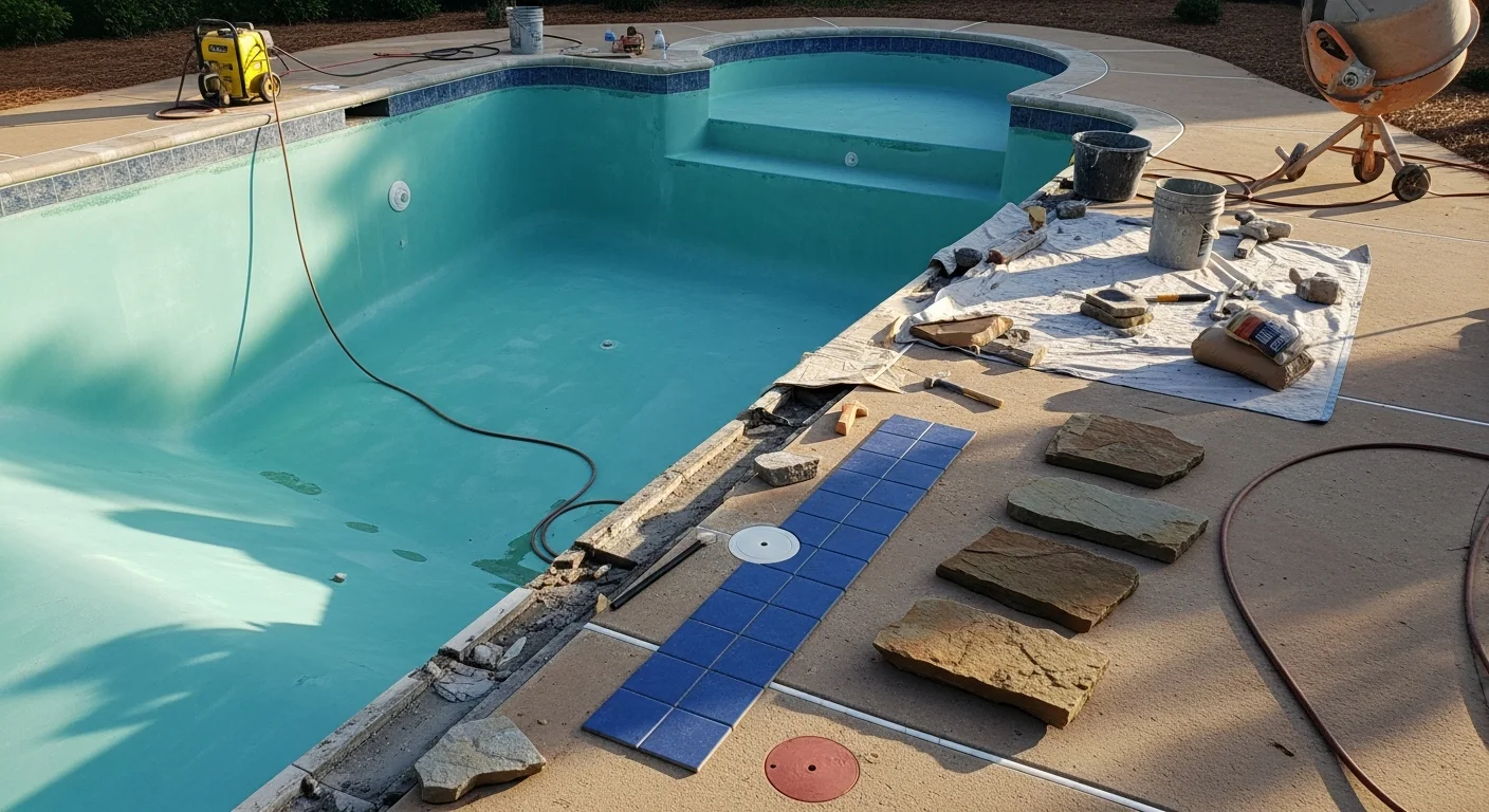 A renovated backyard swimming pool in Alpharetta, Georgia showing a freshly resurfaced interior, new tile line, and updated coping along the pool edge. The surrounding deck is clean and even, with a residential backyard visible in the background.