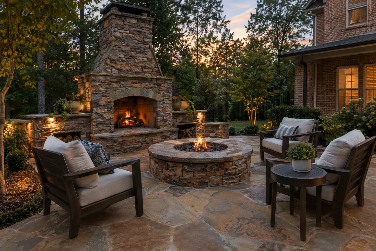 Stacked stone outdoor fireplace with a round stone fire pit and chairs on a flagstone patio