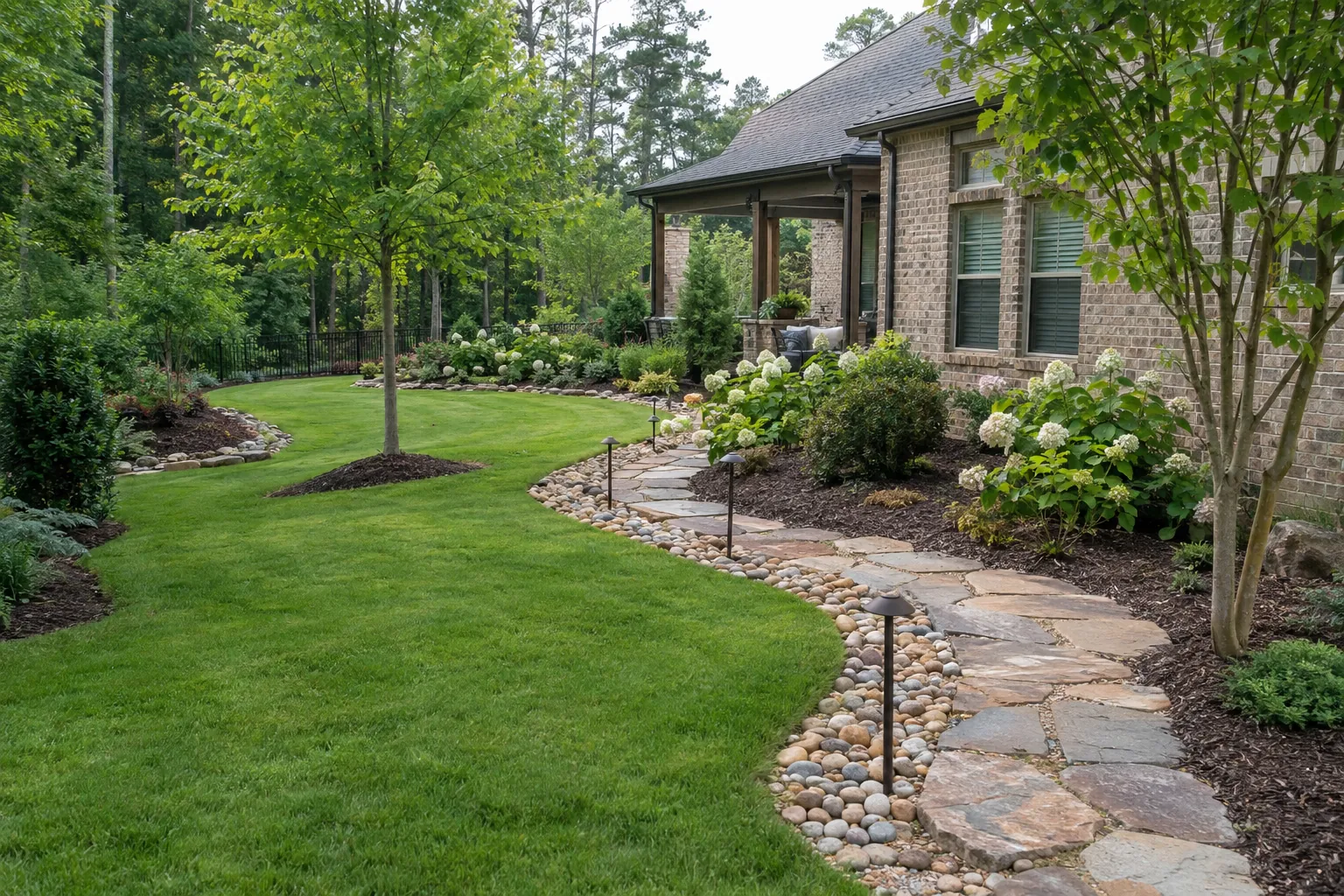 New backyard landscape with sod, planting beds, a flagstone path and path lights