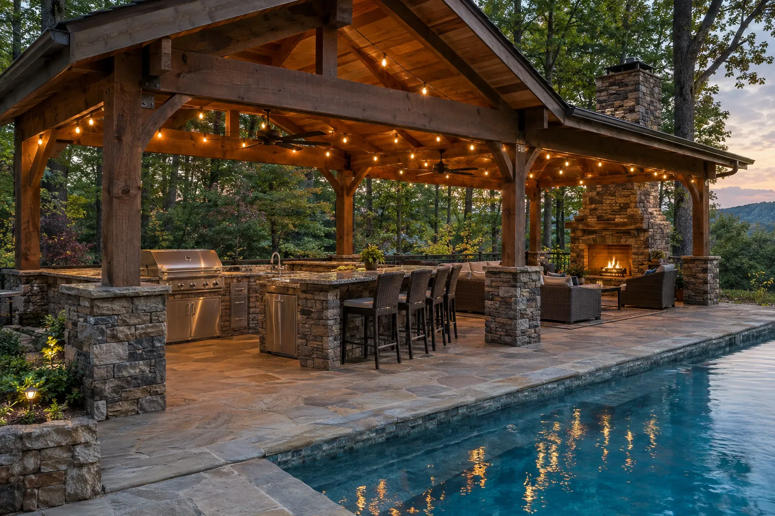Timber pavilion with a stone outdoor kitchen and fireplace beside a pool