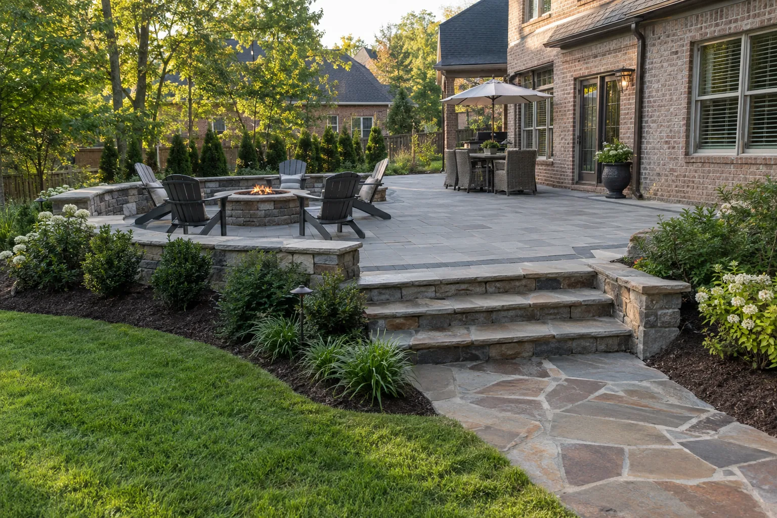 Paver patio with a fire pit, stone steps and a flagstone walkway behind a brick home