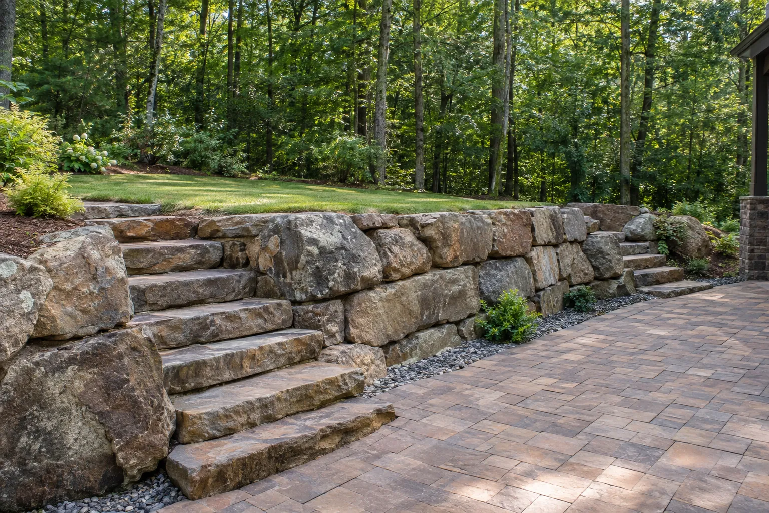 Boulder retaining wall with stone steps above a paver patio