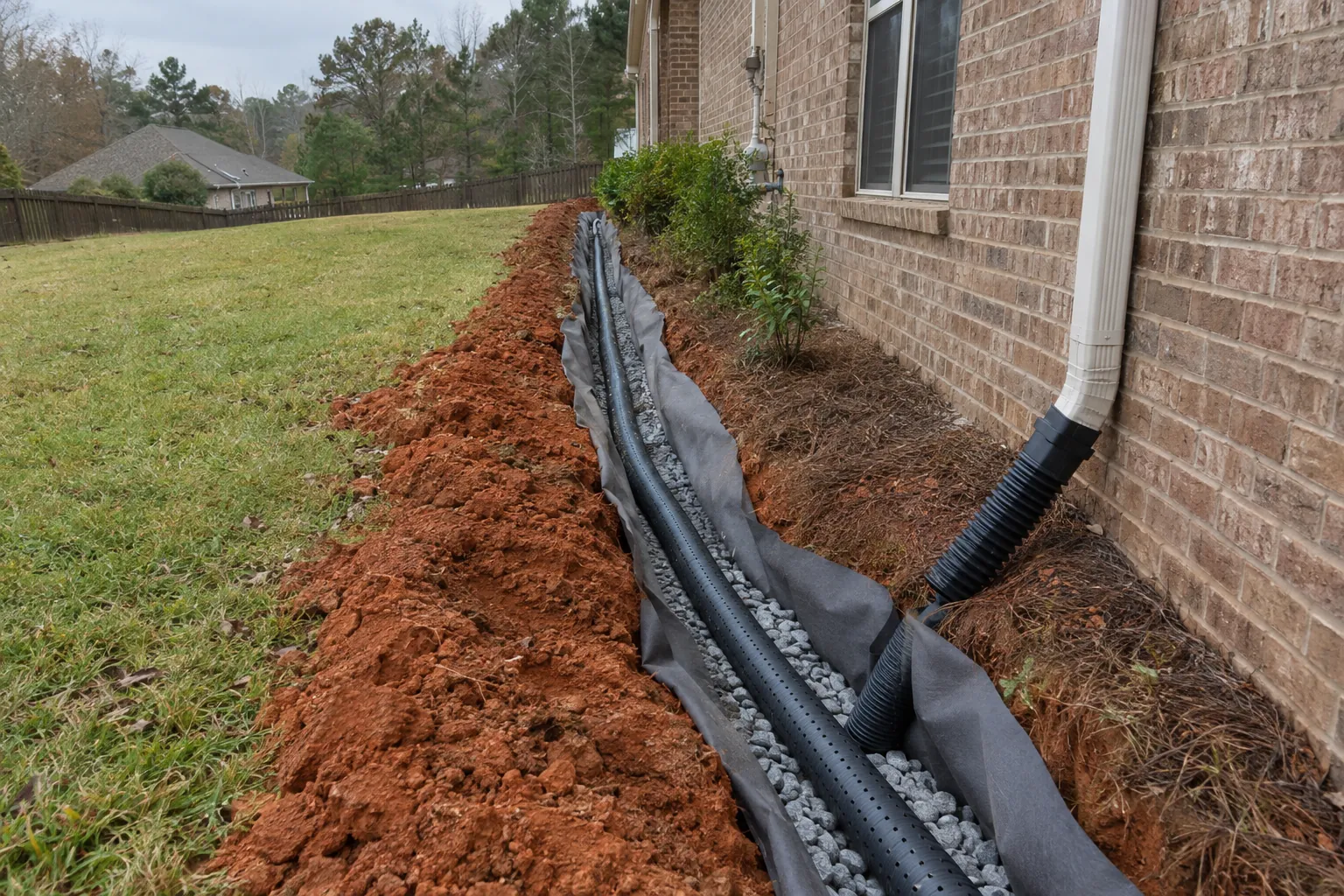 French drain trench with perforated pipe and gravel beside a brick house