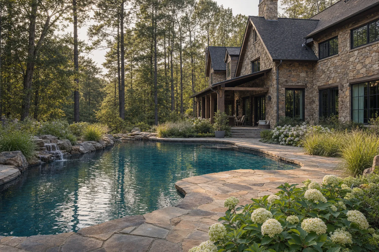 Freeform pool with a natural flagstone deck and planting beds behind a stone house, late afternoon light