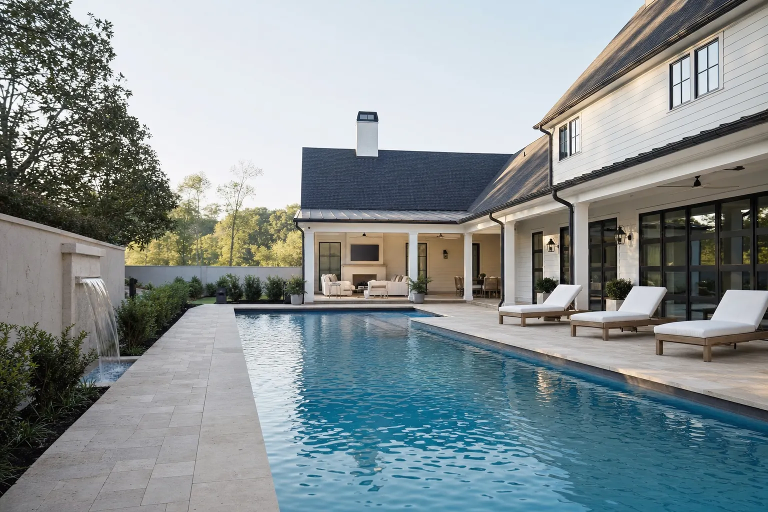 Long rectangular pool with a wide travertine deck and lounge chairs behind a modern home