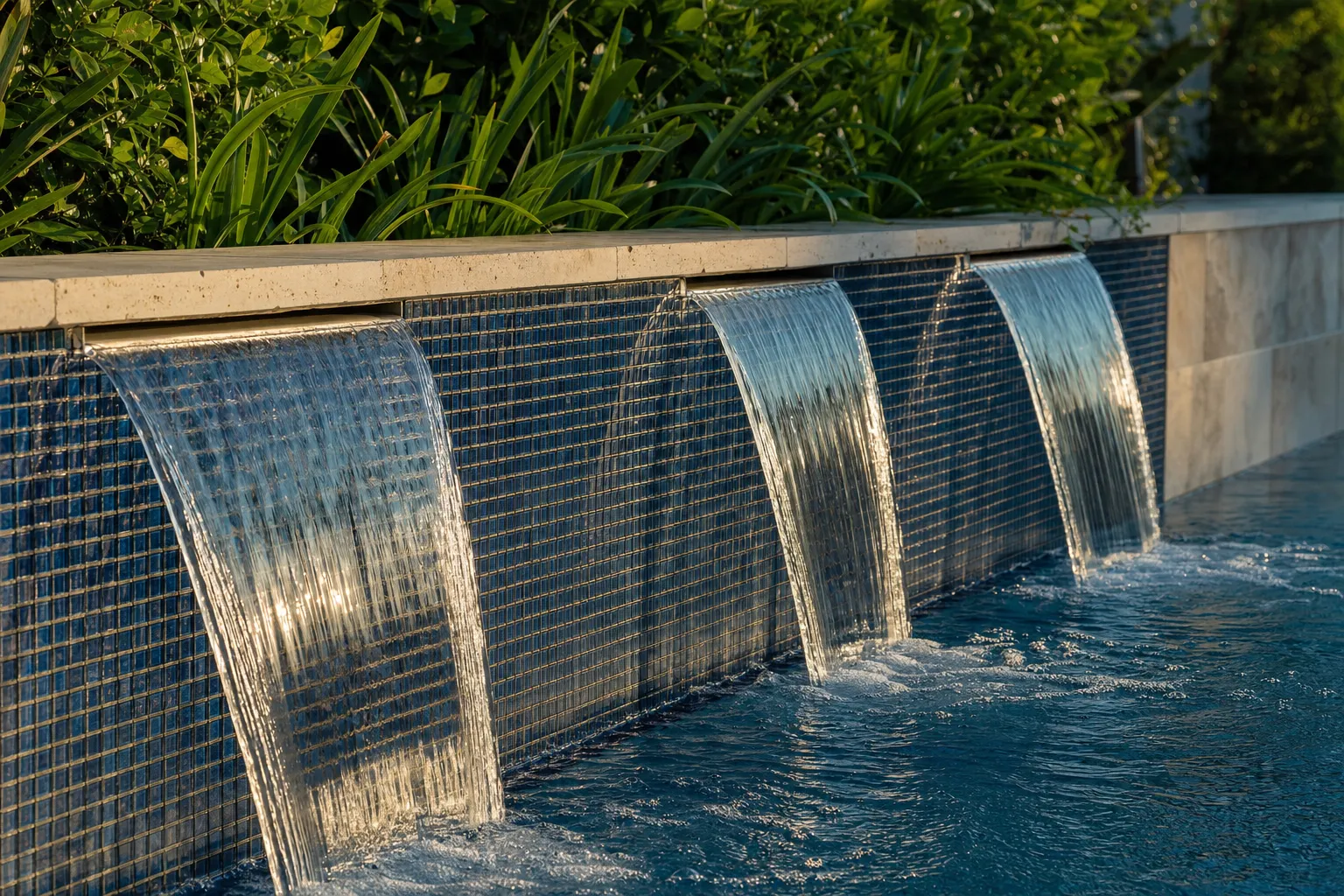 Raised wall finished in blue glass tile with sheets of water falling into a pool