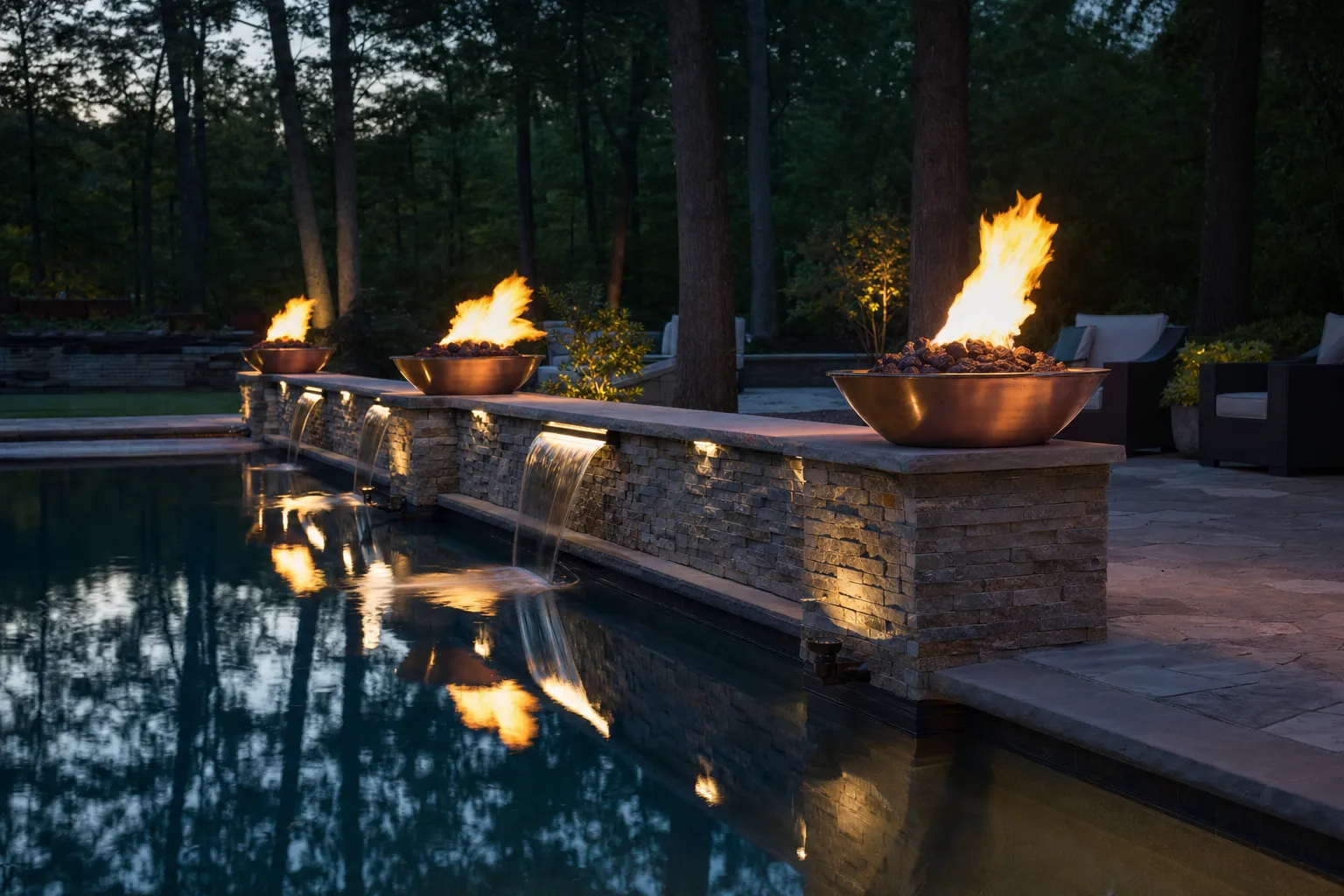 Copper fire bowls lit on a raised stone wall at the edge of a pool at dusk