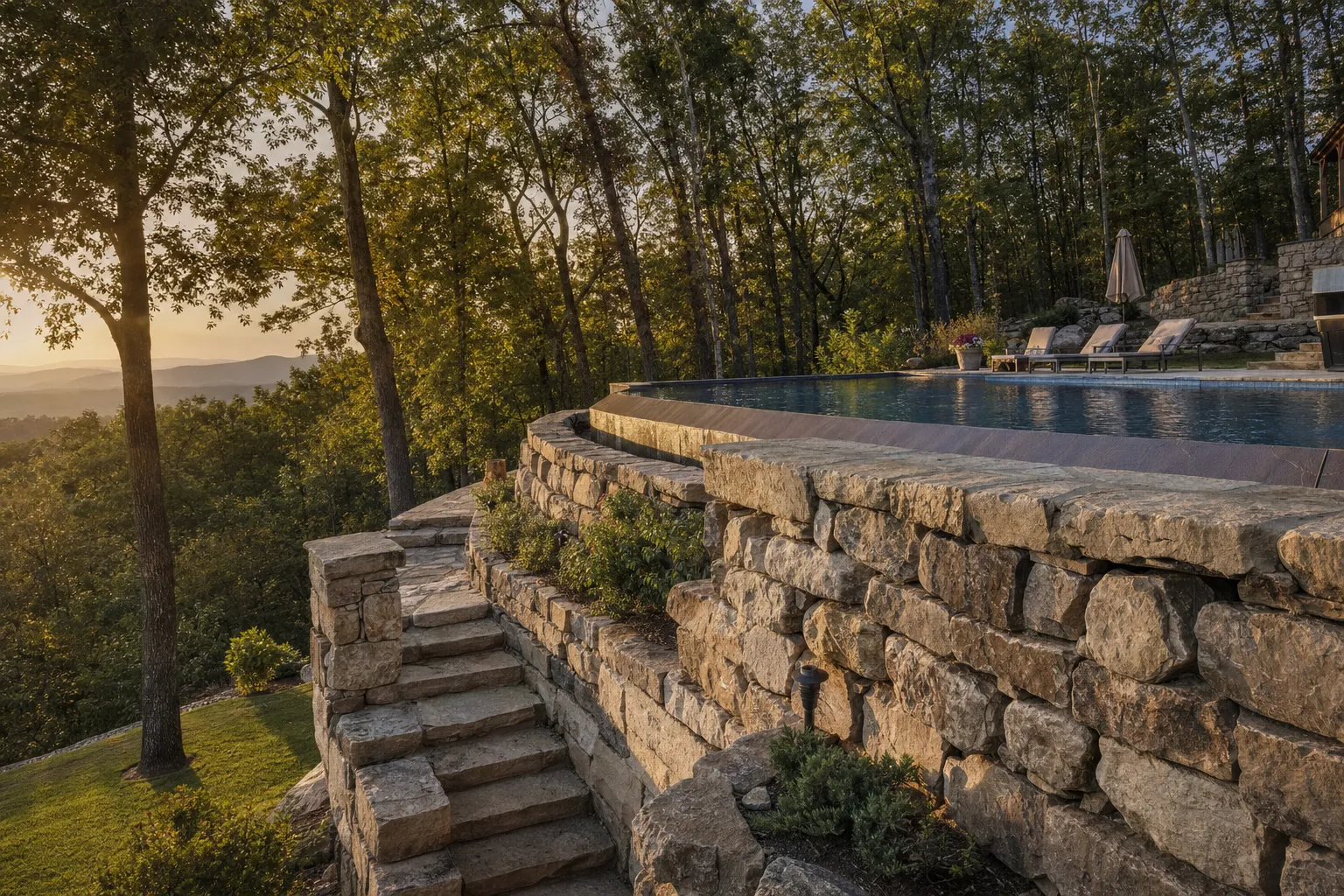 Pool on a sloped wooded lot held up by stacked stone retaining walls, with steps down to the lawn