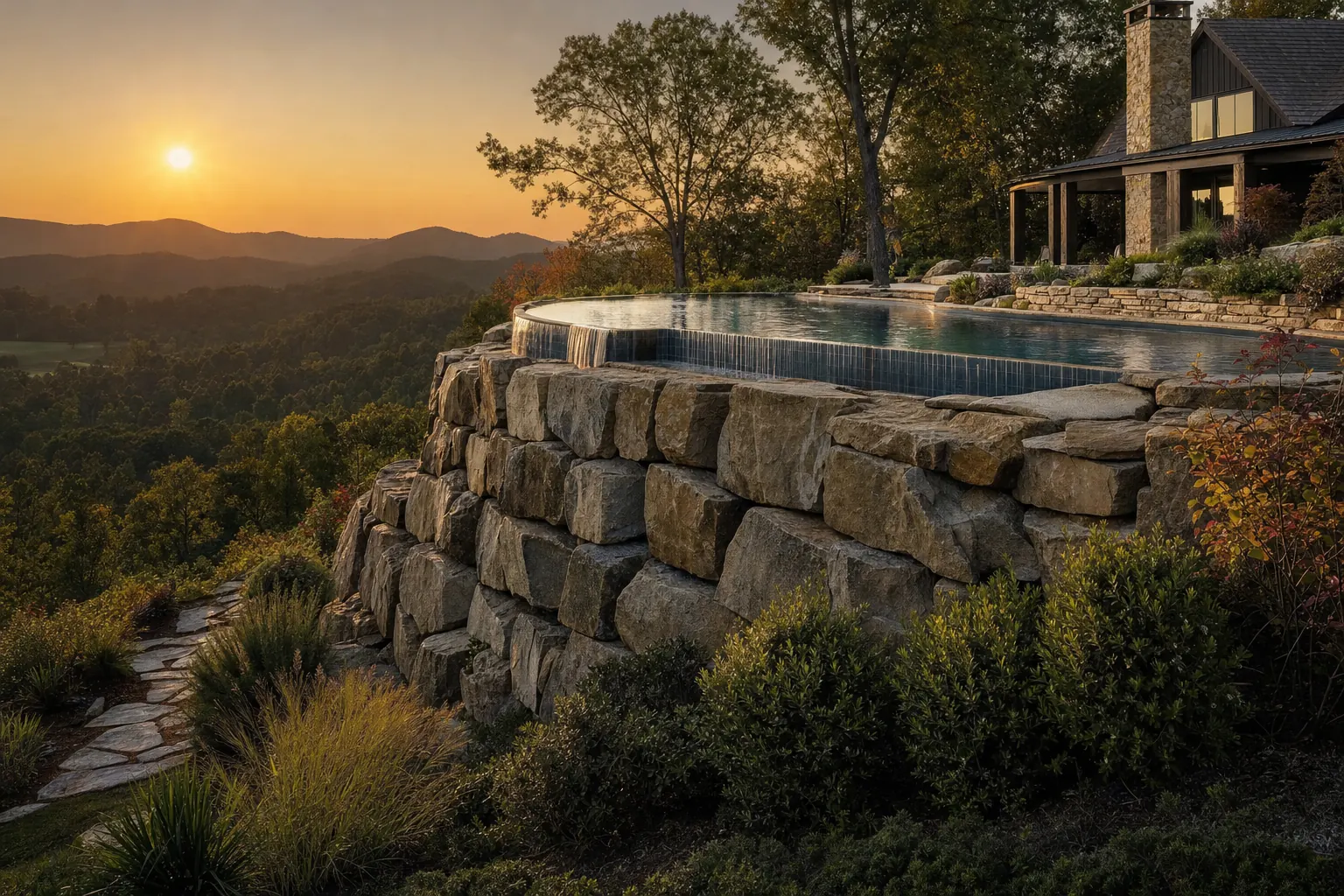 Pool on a terraced hillside held up by tall boulder walls, with foothills in the distance