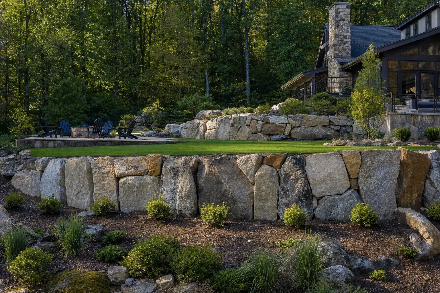 Two tiers of boulder retaining walls holding a level lawn and stone patio on a steep lot