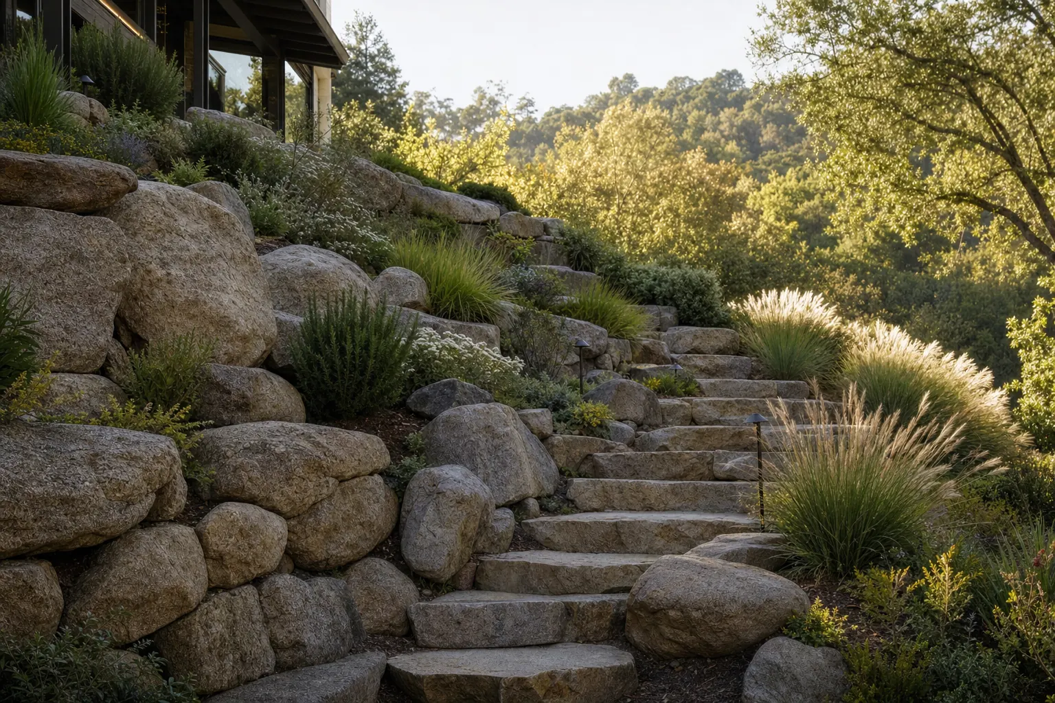 Stone steps and boulder walls climbing a steep backyard with planted terraces