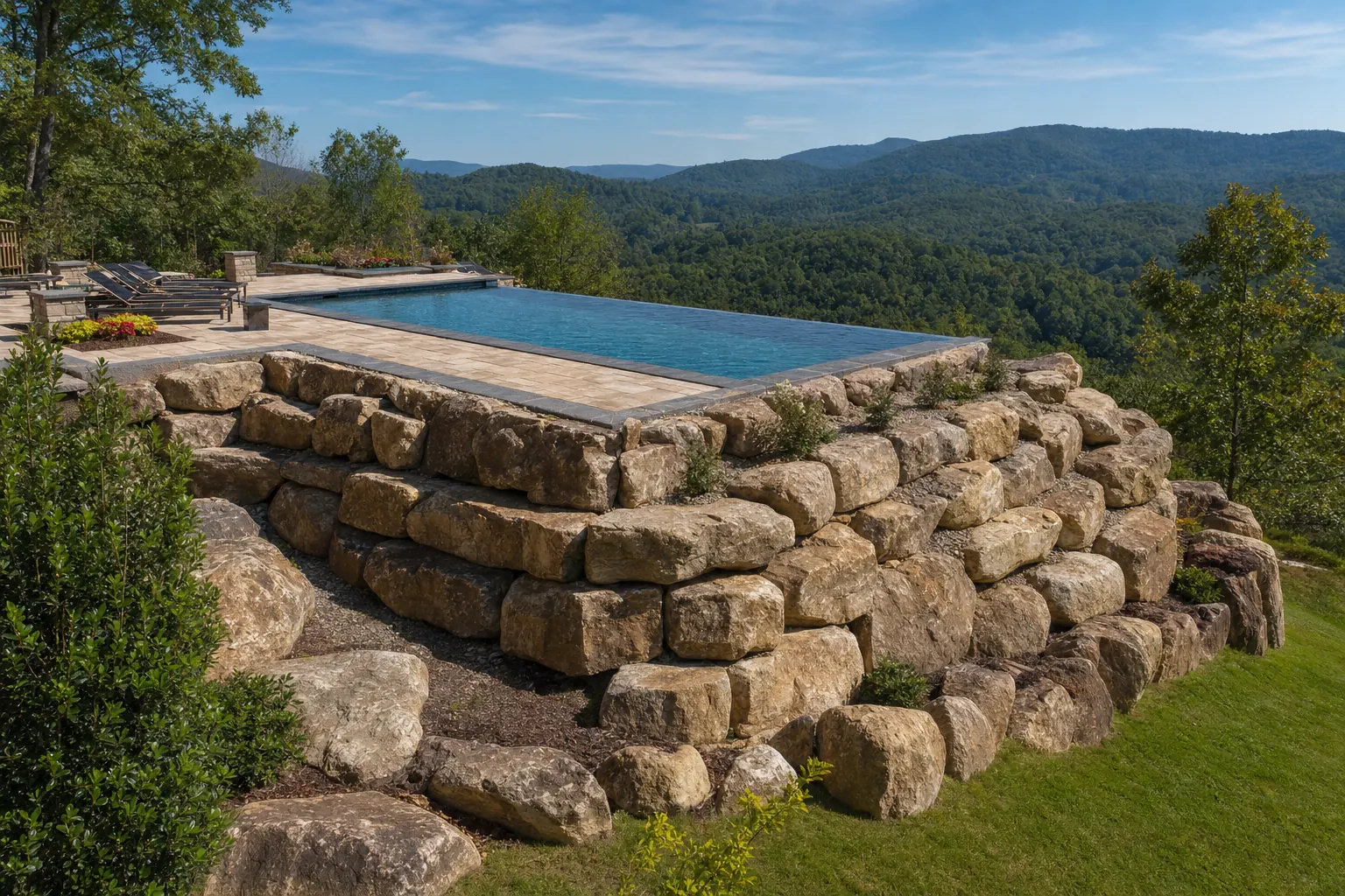 Pool held up by two tiers of boulder retaining walls on a hillside, with forested hills in the distance