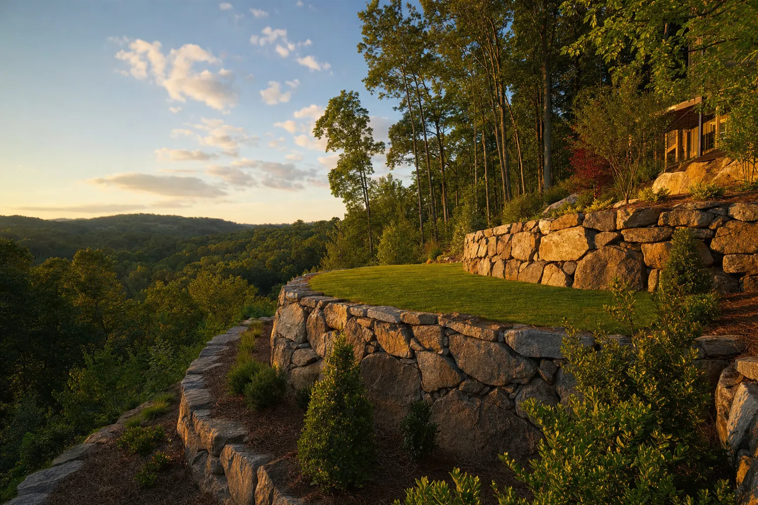 Hillside backyard with two tiers of boulder walls, a level lawn terrace and young plantings, wooded hills behind