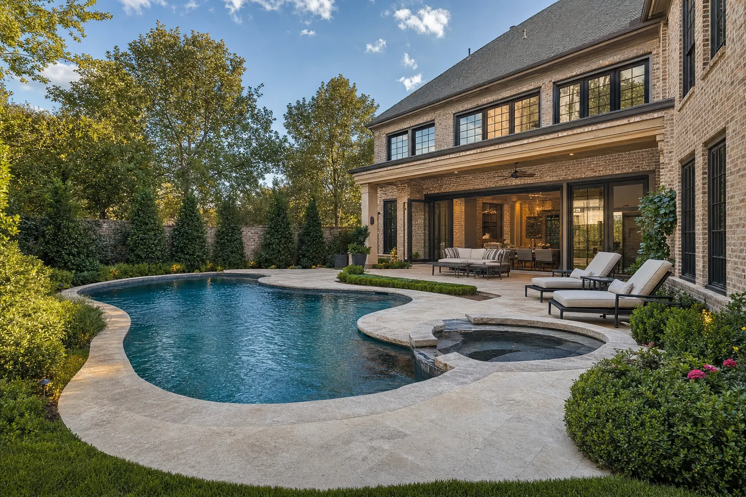 Renovated freeform pool with new stone coping and a travertine deck in a family backyard