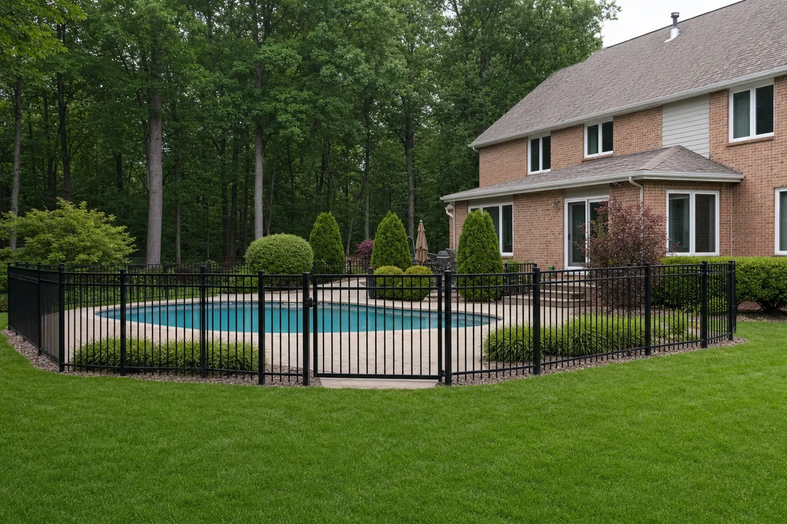 Pool enclosed by a black aluminum fence with a gate, set in a lawn behind a two-story brick house