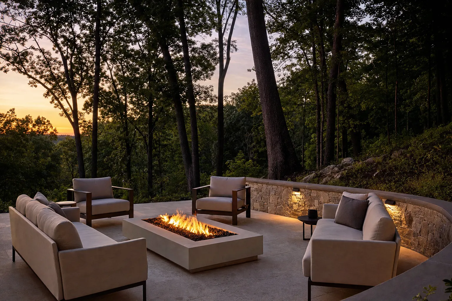 Fire pit lounge on a light stone terrace among tall hardwoods at dusk